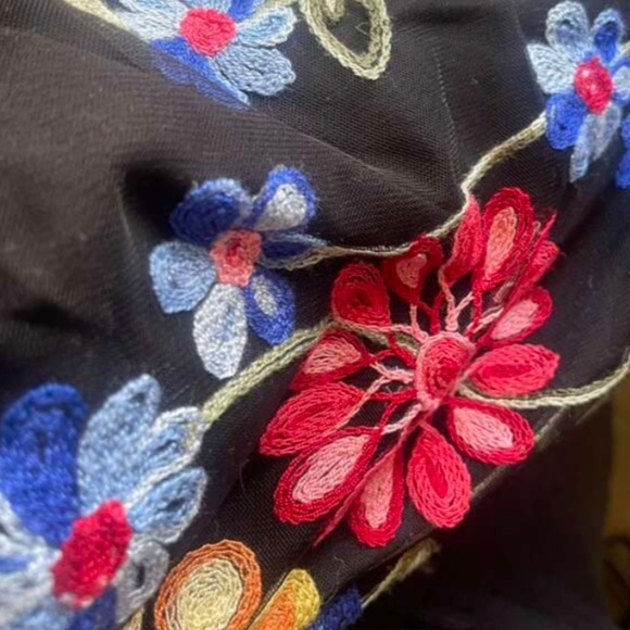 Black Boho Blouse Long Sleeve Floral Embroidery Neck Ties - Picture 10 of 10